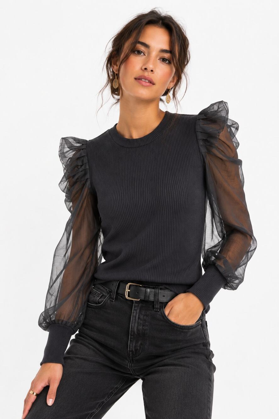 Dolan Left Coast Black Ribbed Sheer Organza Sleeve Top NWT Petite Large